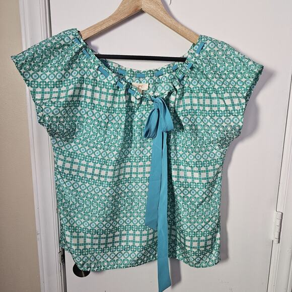 Geometric 100% Silk Tie Bow Blouse Green Size Medium Coquette Girly Feminine Y2K - Picture 1 of 6
